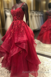 Dark Red Cross Back Tulle Long Formal Dresses, Dark Red Evening Prom Dresses Evening Prom Dresses